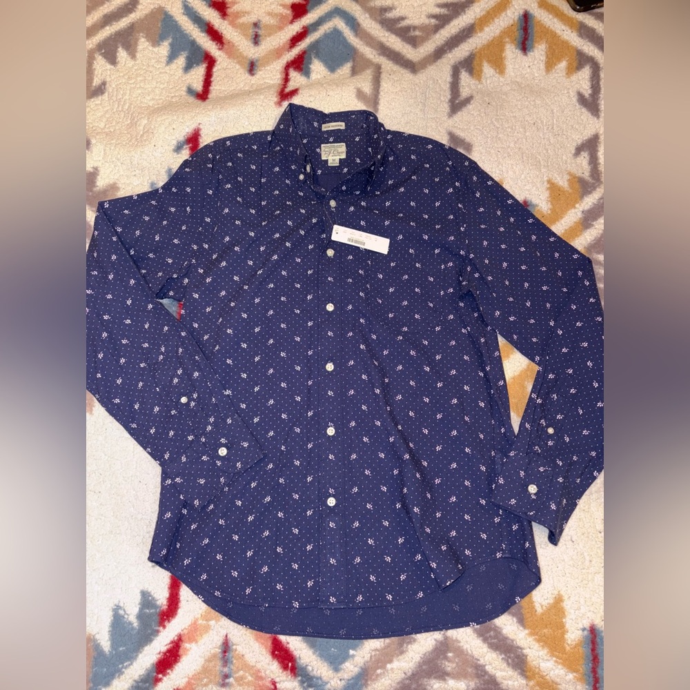 J. Crew Blue Casual Button Down Shirt with Navy Polka Dot Pattern